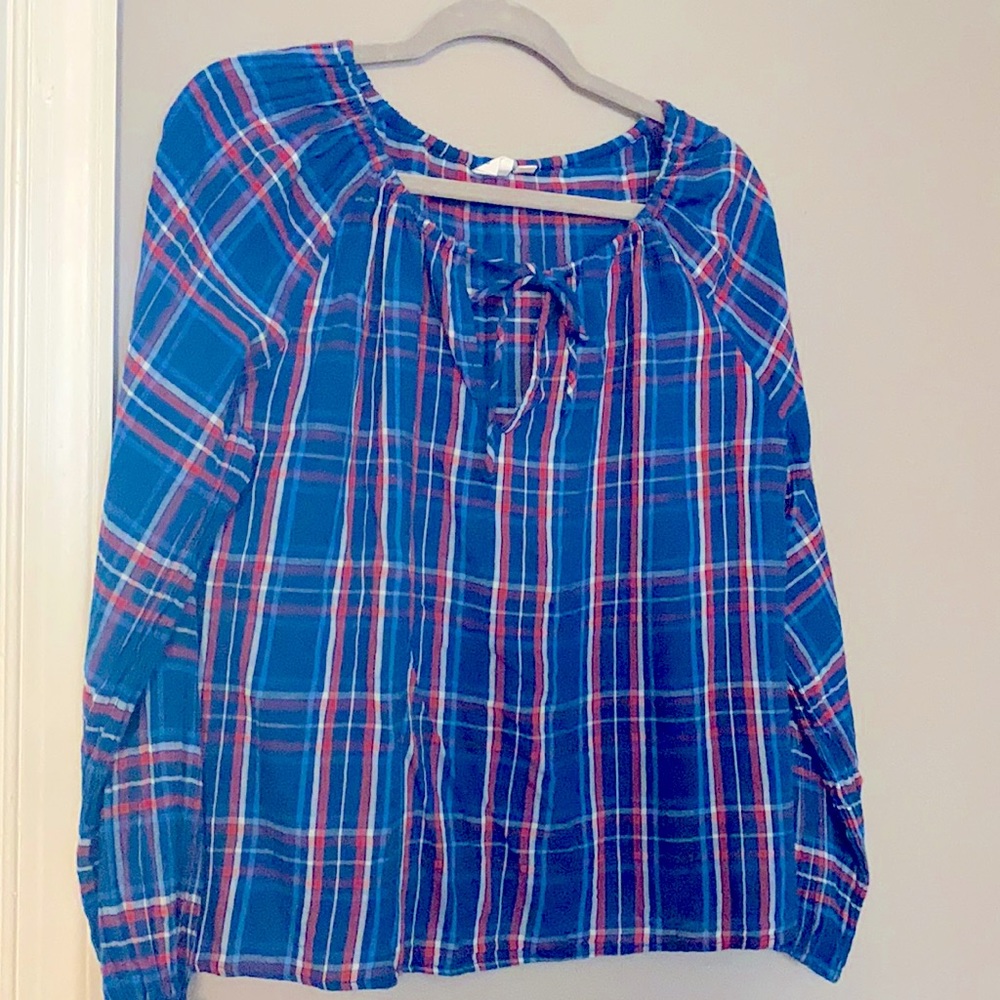 GAP blue plaid blouse with adjustable tie